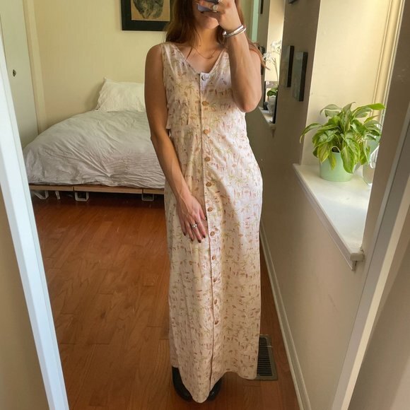 Vintage David Warren Floral V-Neck Button Front Maxi Dress Cream Size 8 - Picture 5 of 7